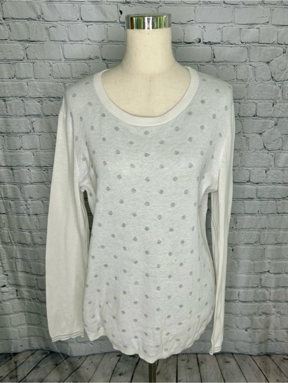 Tommy Hilfiger White and Gray Polka Dot Long Sleeve Sweater Womens Casual